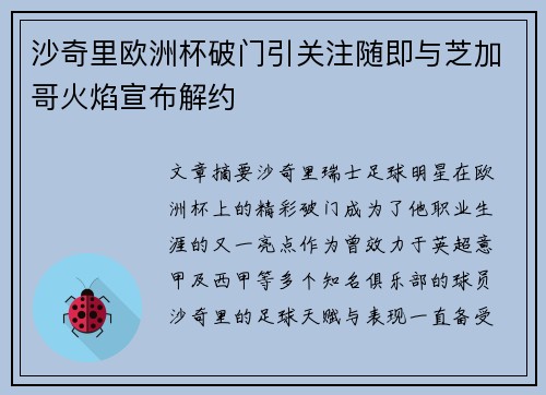 沙奇里欧洲杯破门引关注随即与芝加哥火焰宣布解约